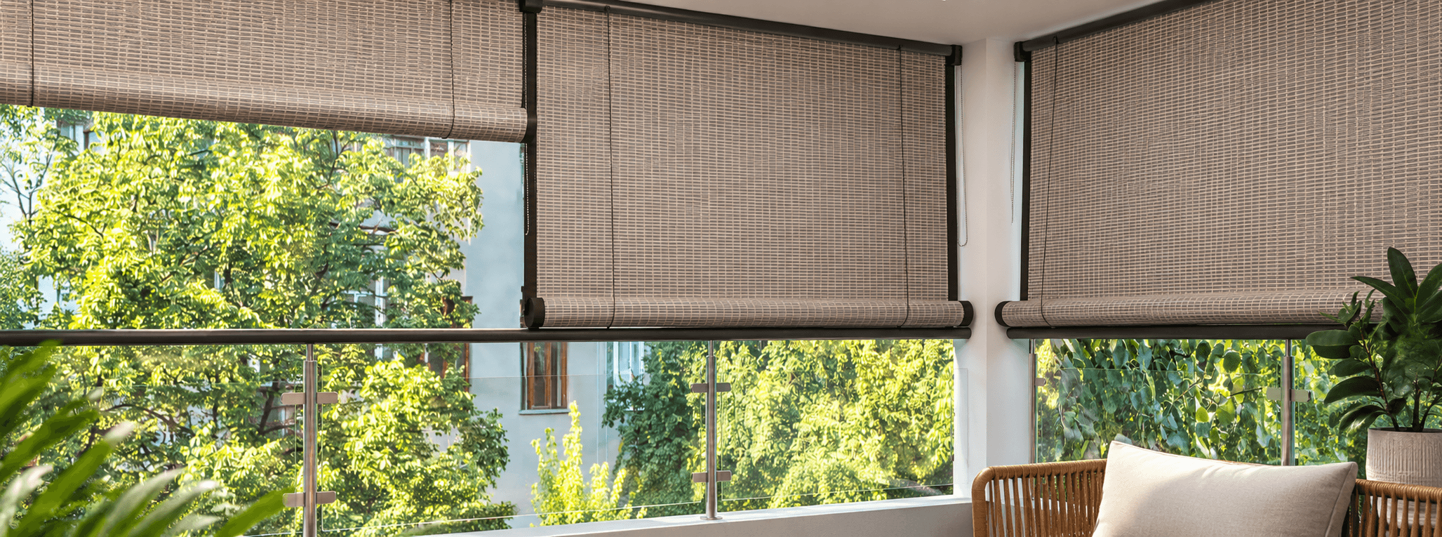 PVC exterior blinds installed across a balcony opening