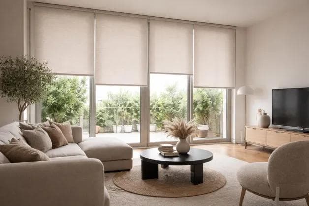 Roller blinds installed across living-room windows