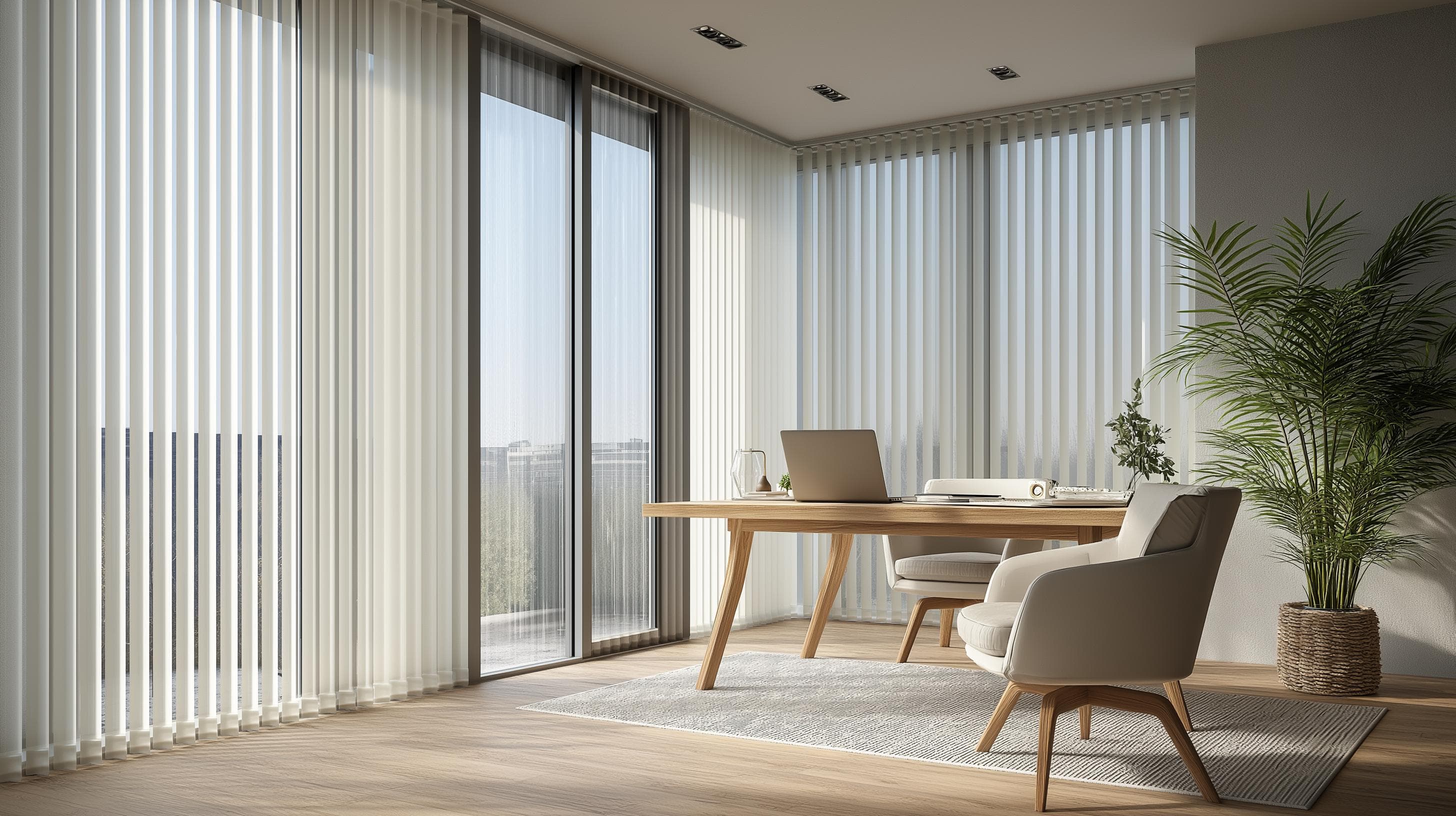 Vertical blinds fitted across tall windows in a bright interior