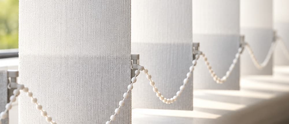 Close detail of vertical blind slats and their bead-chain control