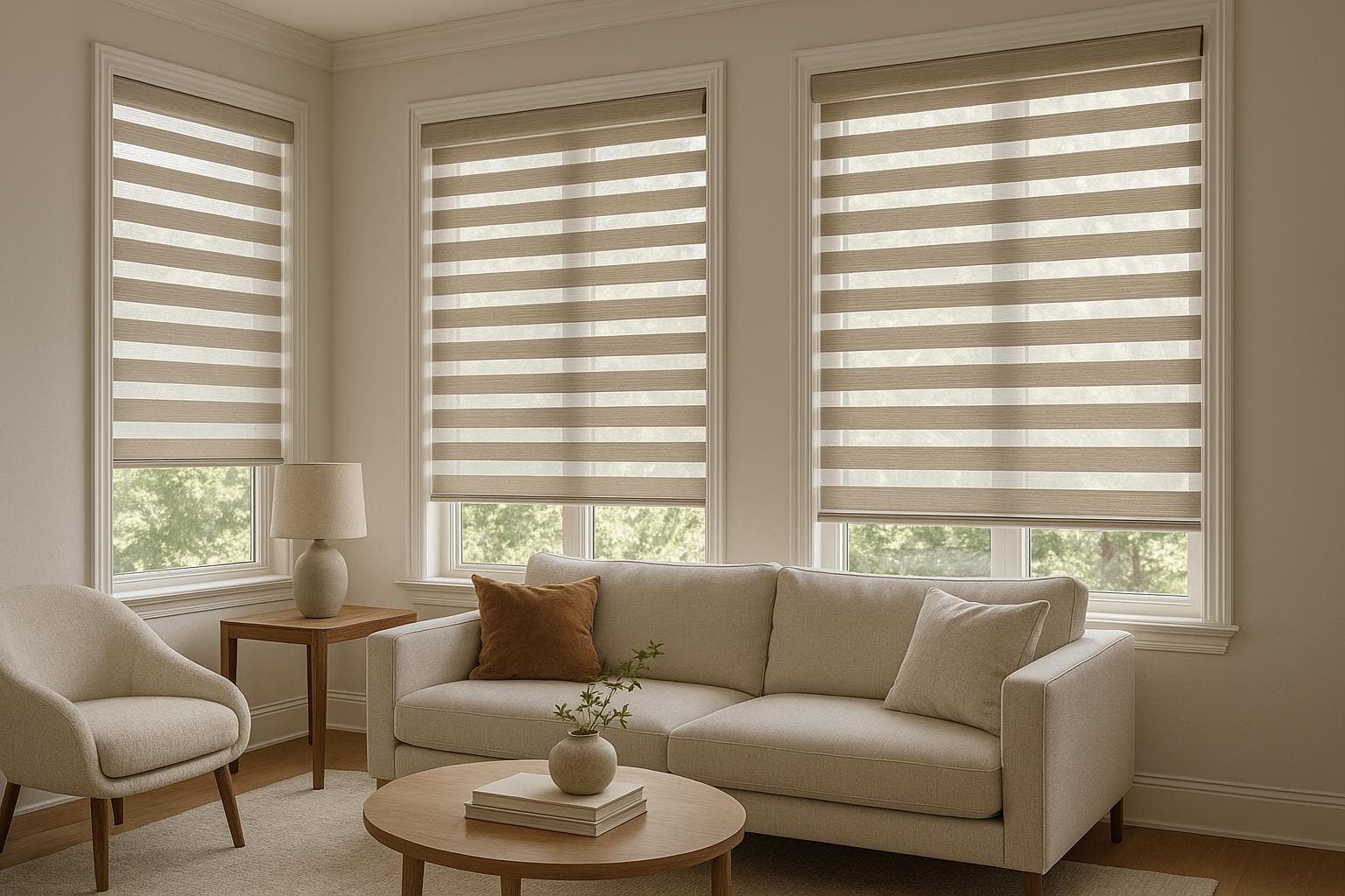 Zebra blinds fitted to living room windows above a sofa