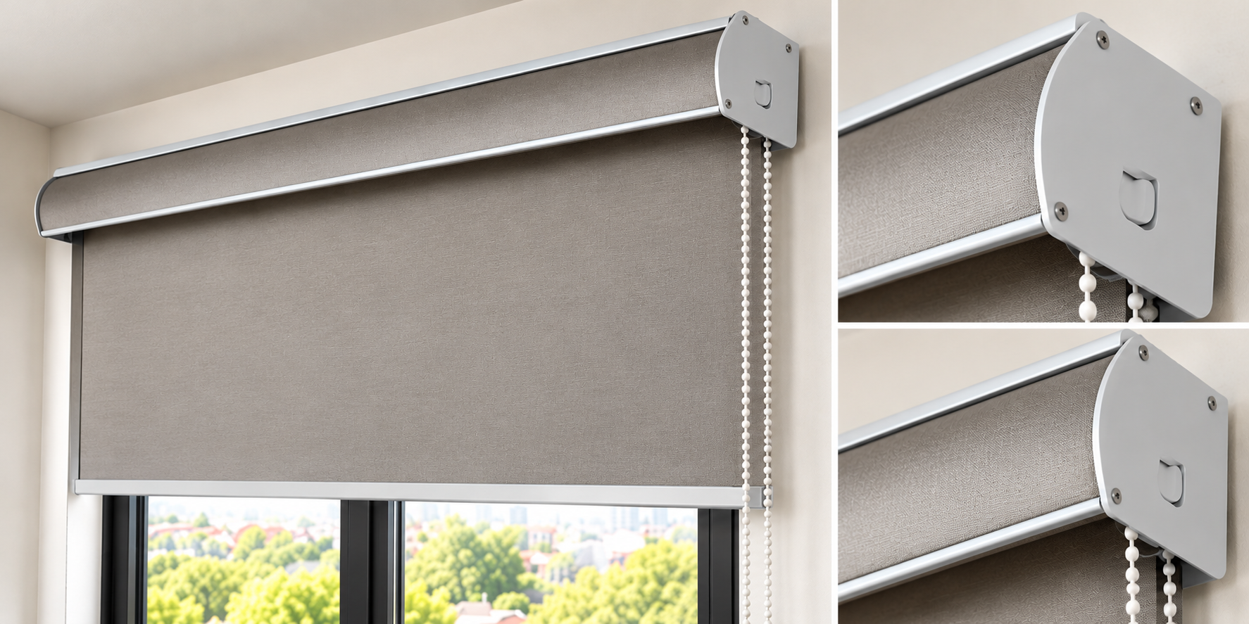 Roller blind with a pelmet cover and close-up views of its mechanism